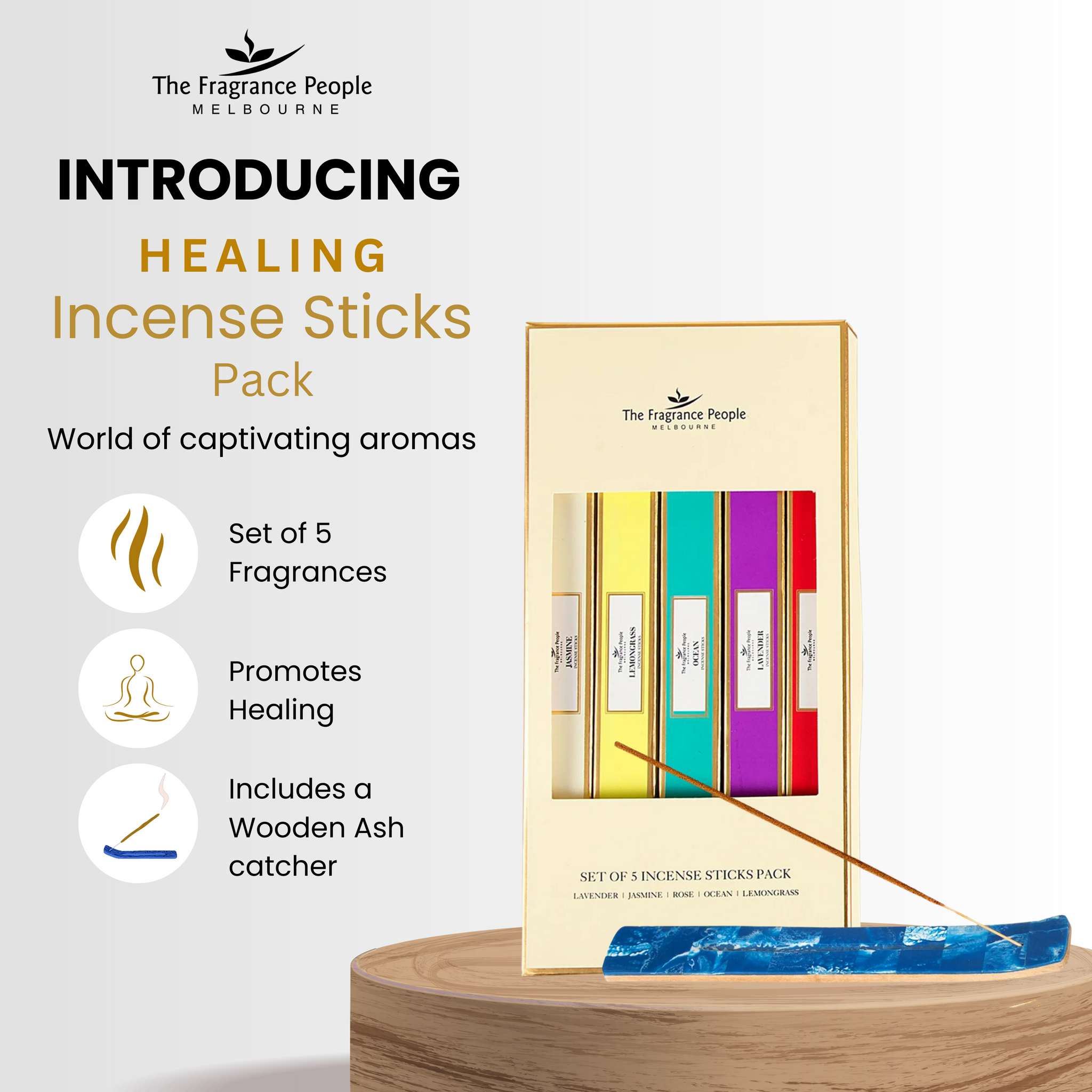 Healing Incense Sticks Pack (100pcs) With Wooden Ashcatcher - Set of 5 Fragrances