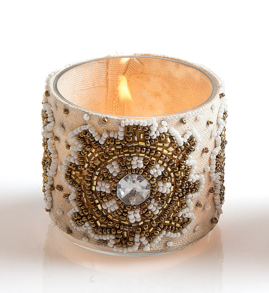 White Beaded Design Sleeve Tealight Holder - The Fragrance People